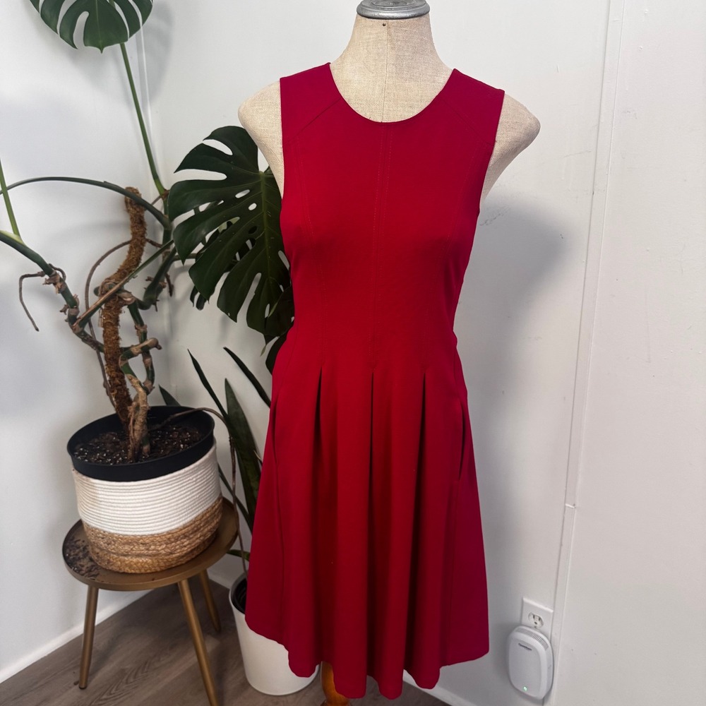 Theory Fit & Flare Dress Womens 12 Red Sleeveless Pockets Workwear 80976642